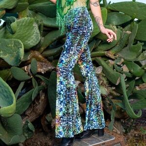 Green Multicolor Sequin-Effect Flared Pants